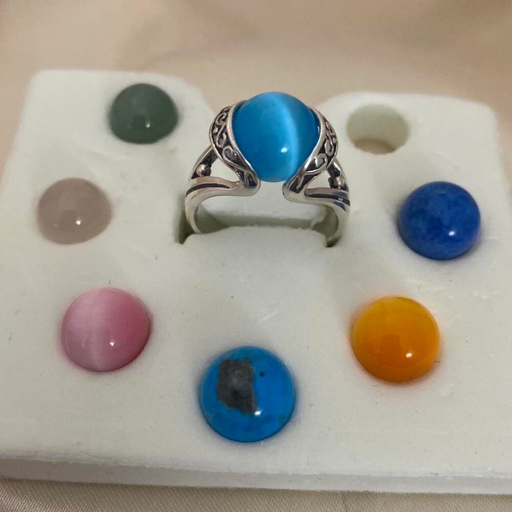 Vintage 925 Sterling Silver 7 Interchangeable Gemstone Cabochon Ring Set